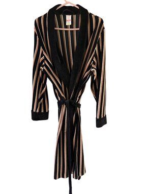 St. Michael Mens Striped Velour Feel Self Wrap Robe Size Large Black Tan Vintage